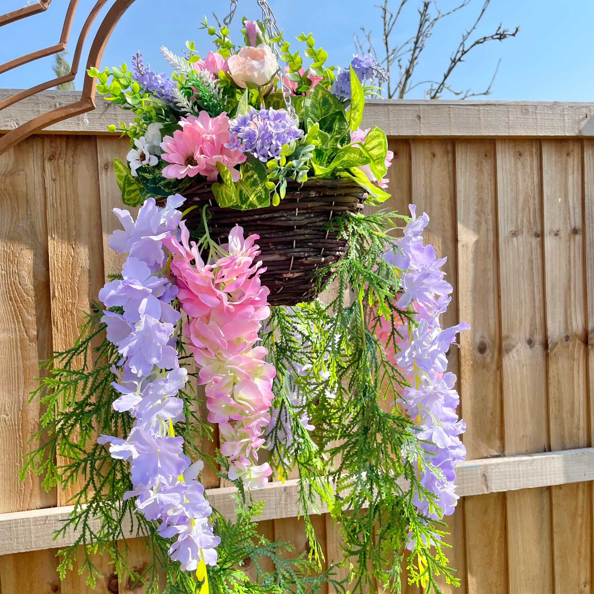 hanging plant with pink and purple flowers Pink & Purple Hanging Basket
