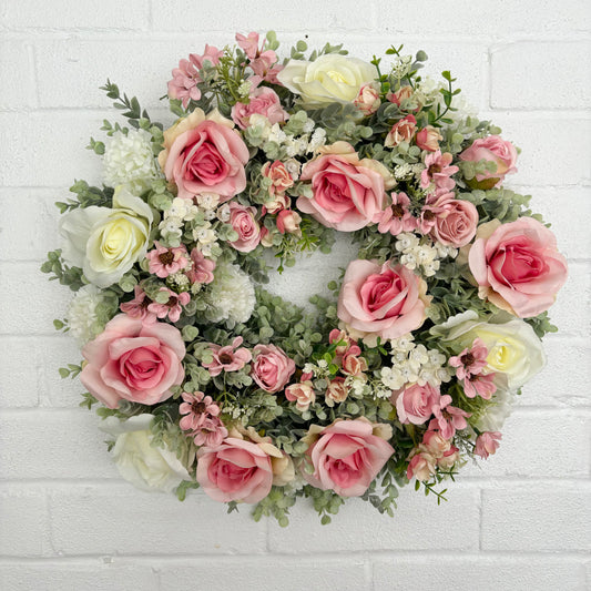 Artificial flower wreath, pink and cream roses, ivory flowers, artificial wedding flowers, door wreath, flower wreathe