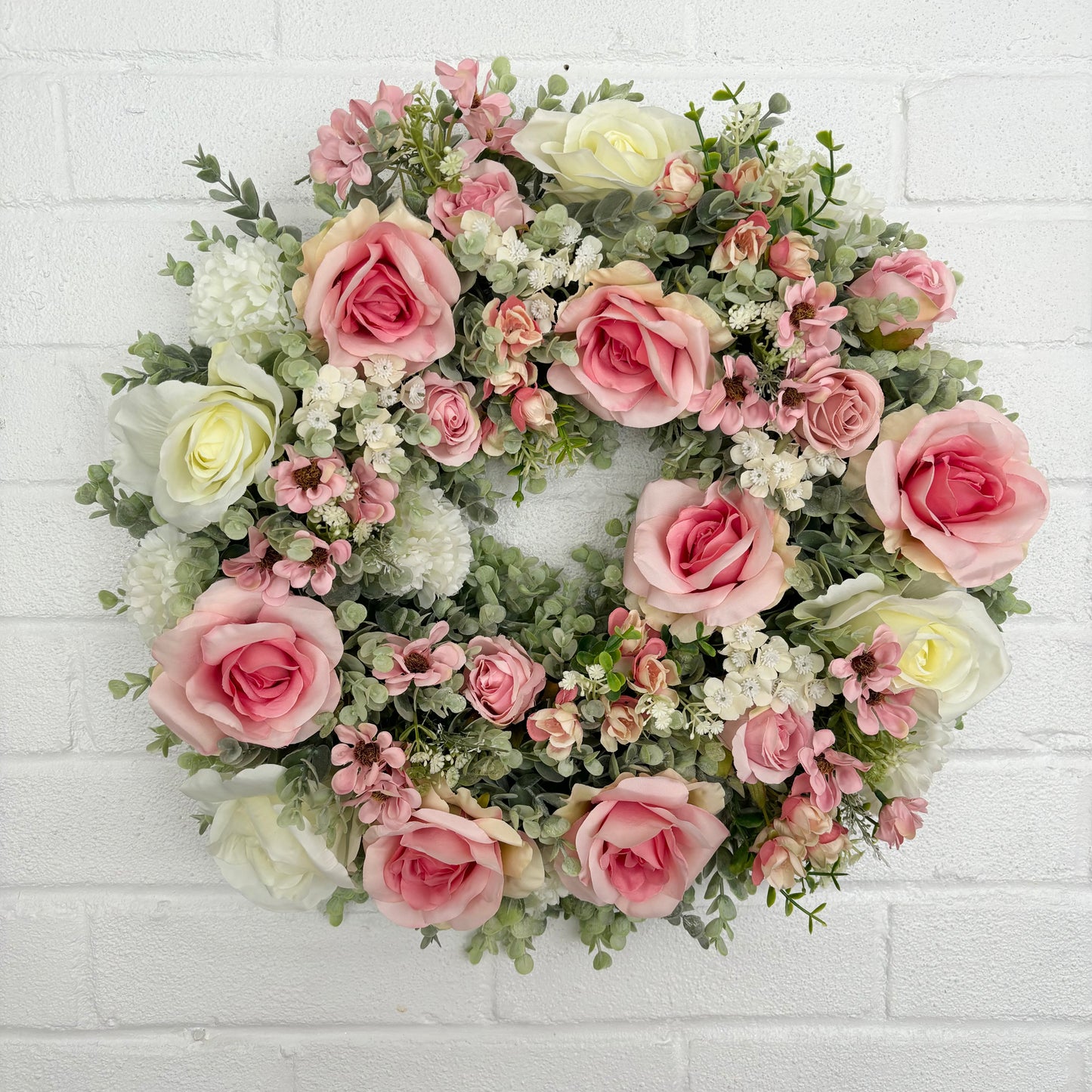 Artificial flower wreath, pink and cream roses, ivory flowers, artificial wedding flowers, door wreath, flower wreathe