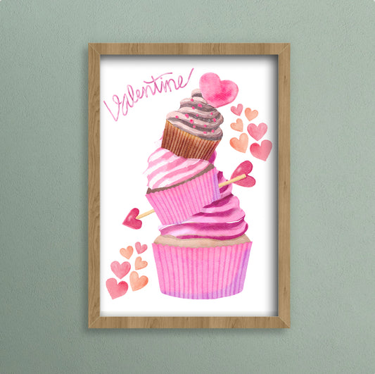 Valentine’s a4 print with pink cupcakes 