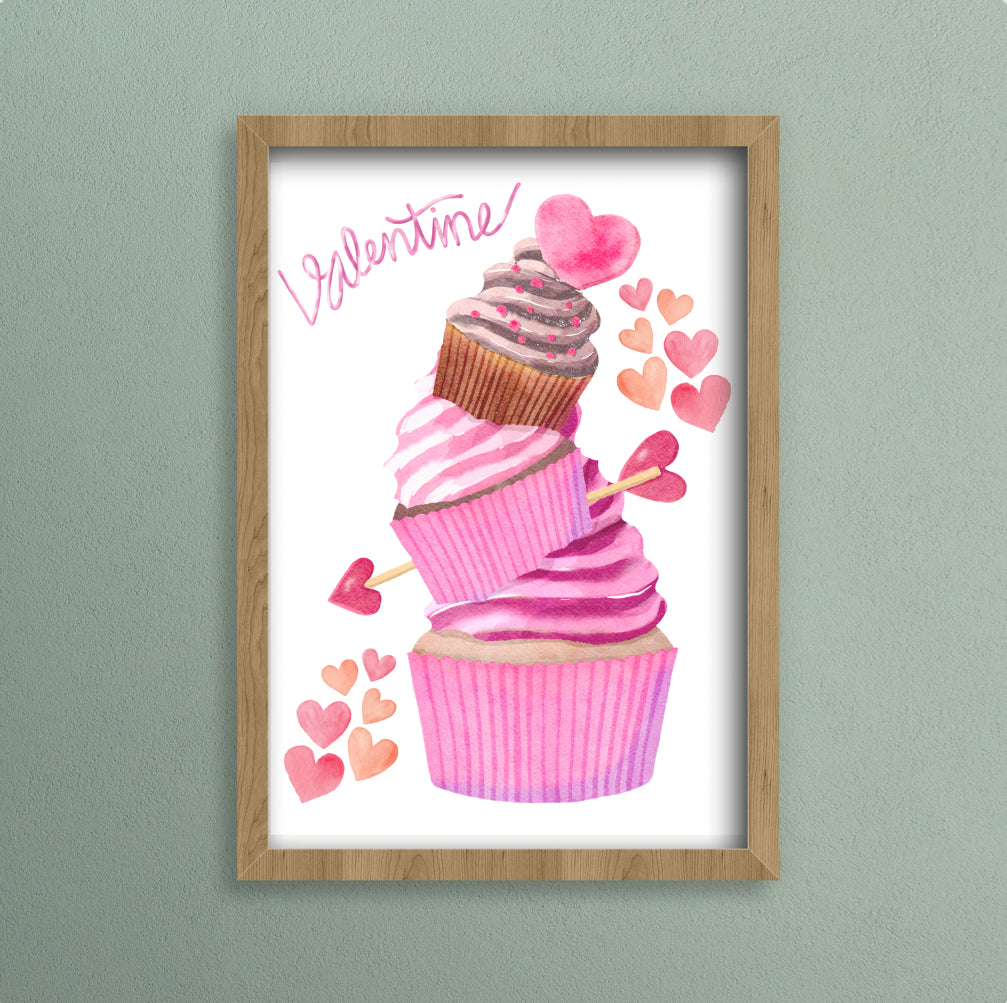Valentine’s a4 print with pink cupcakes 