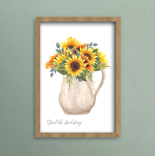 Beautiful, bold Sunflowers in a neutral coloured vase. “Stand tall, stand strong”