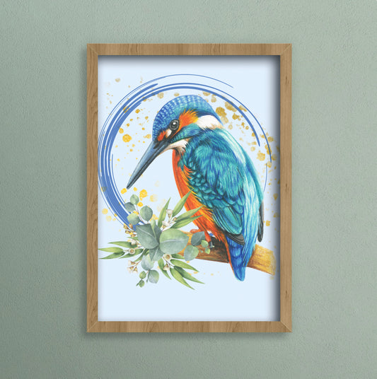 A4 print of a kingfisher bird on a eucalyptus branch