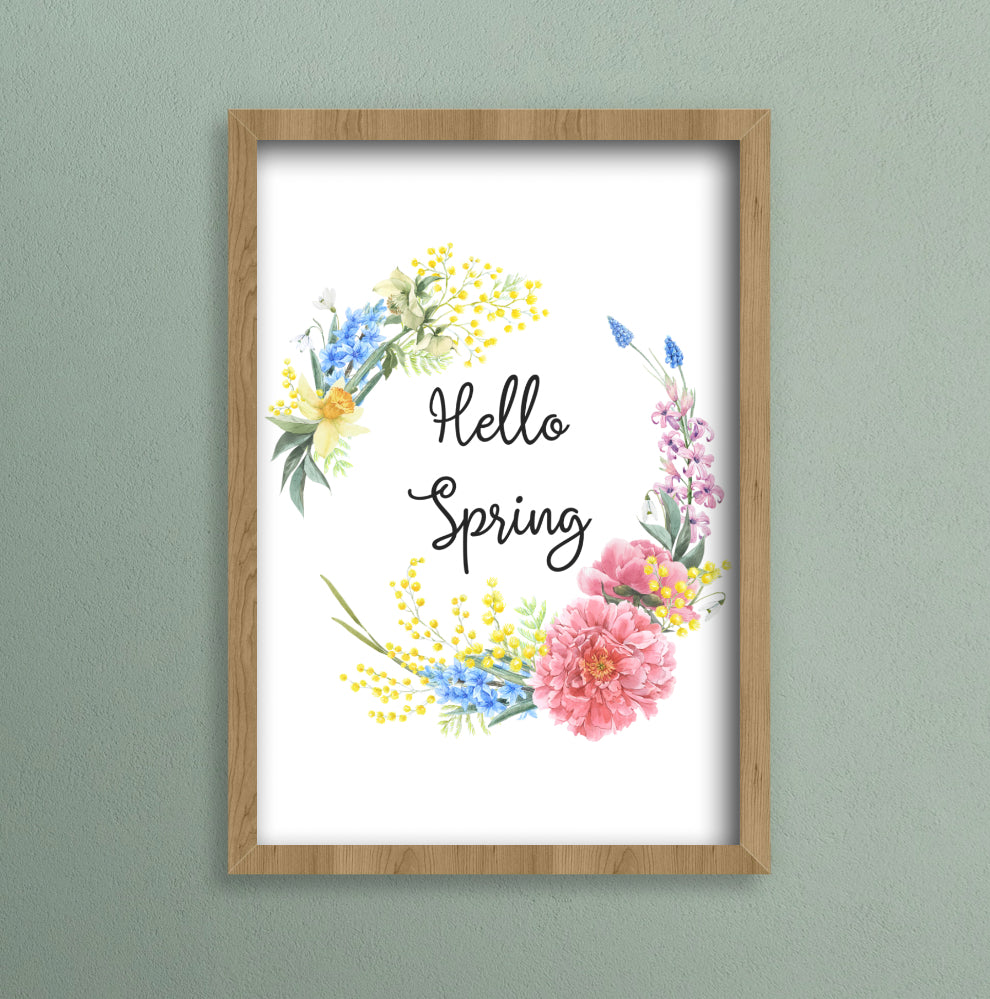 A4 Print of a flower wreath and text that reads Hello Spring