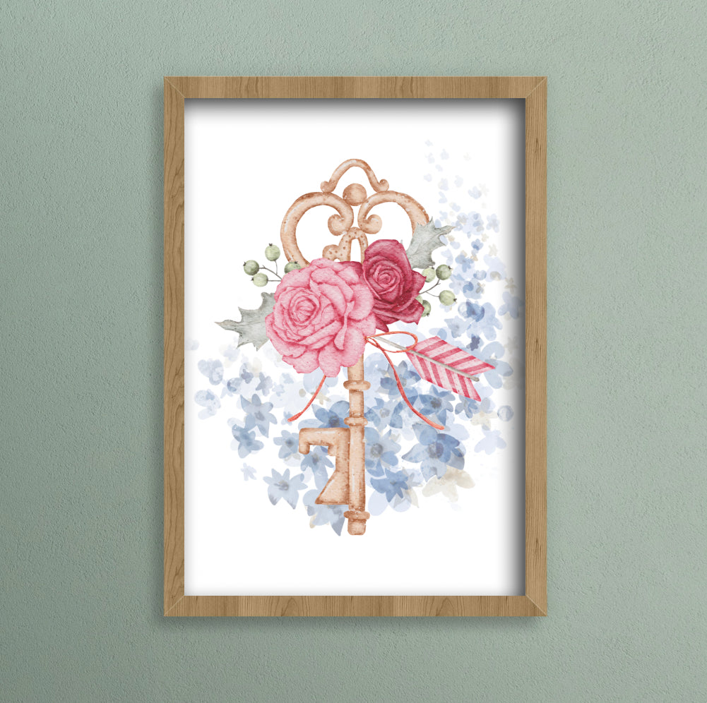 a golden key adorned with pink roses and a blue watercolour background. A4