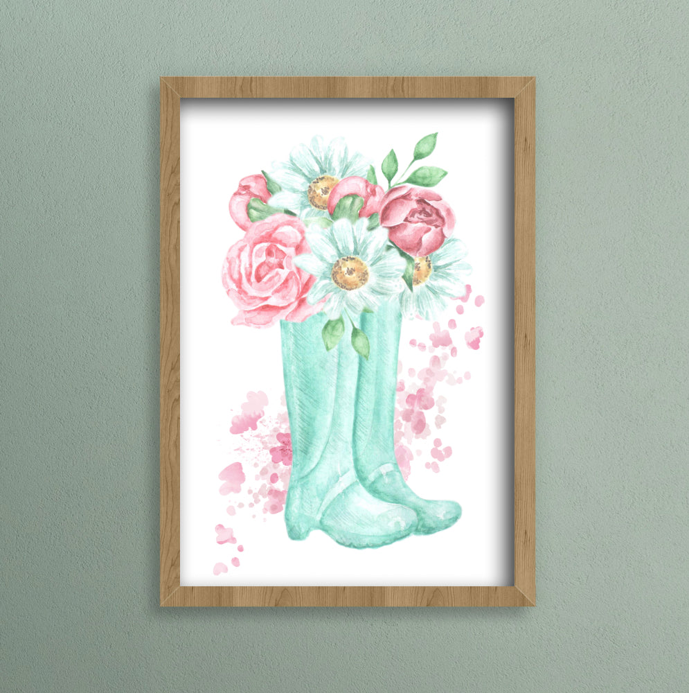 A4 print Mint green welly boots with daisies and roses