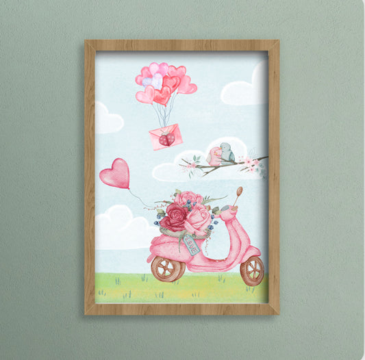 A4 print of a valentines scene, pink moped in a meadow with heart balloons