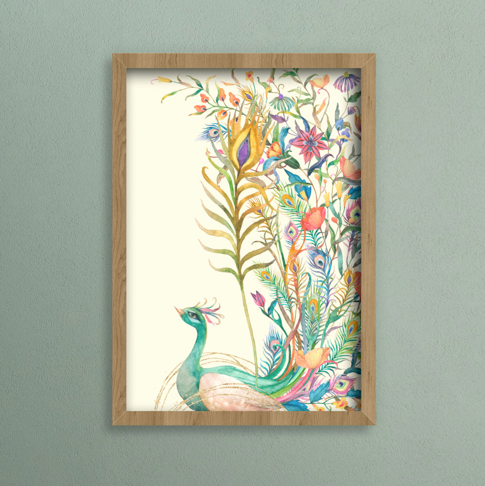 Colourful a4 print of a peacock and flowers