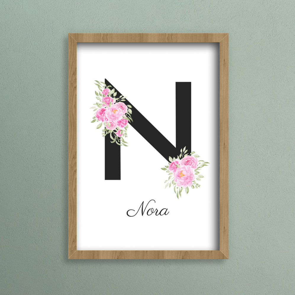 Personalised name a4 print with pink peony illustration 